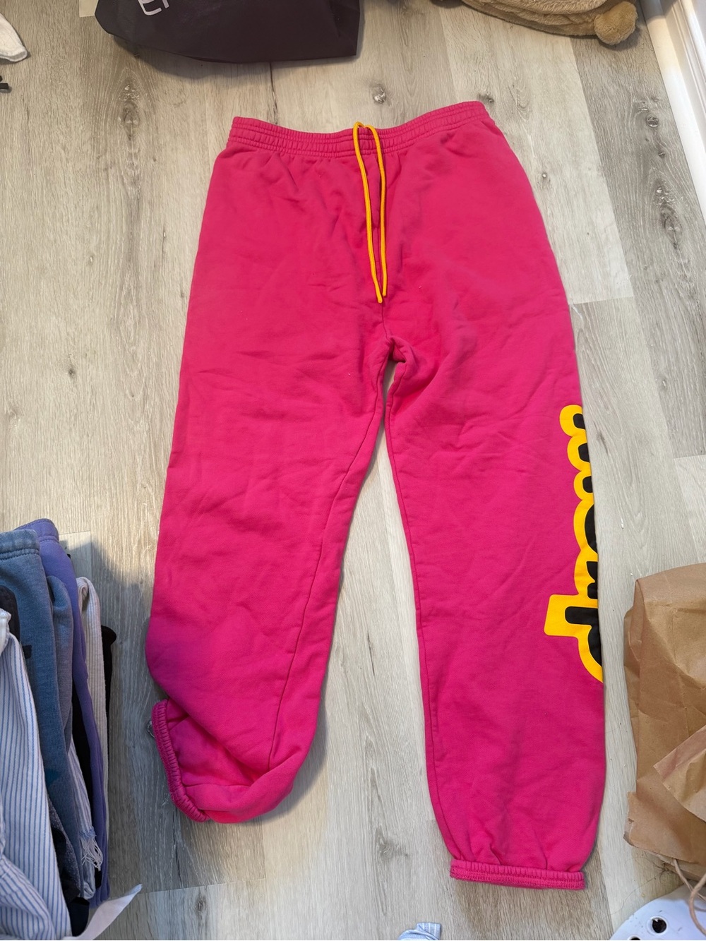 DREW HOUSE Pink Graphic Jogger Sweatpants with Yellow Drawstring